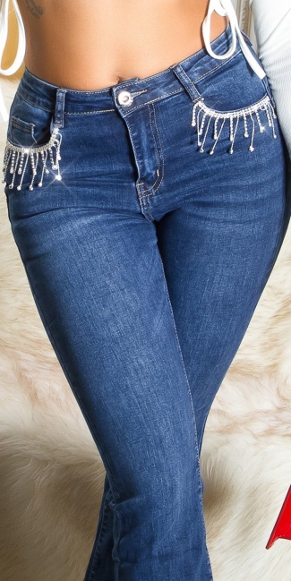 Hoge taille bootcut jeans met glitter details blauw